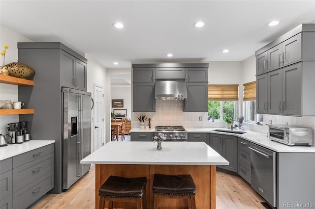 6643 Orion Ct, Arvada, CO 80007 - kitchen with appliances with stainless steel finishes, exhaust hood, open shelves, tasteful backsplash, and gray cabinets