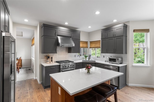 6643 Orion Ct, Arvada, CO 80007 - kitchen with high quality appliances, extractor fan, a breakfast bar, tasteful backsplash, and recessed lighting