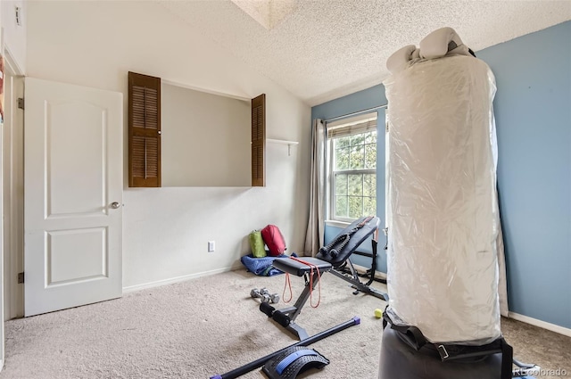 exercise room with a textured ceiling, lofted ceiling, baseboards, and carpet