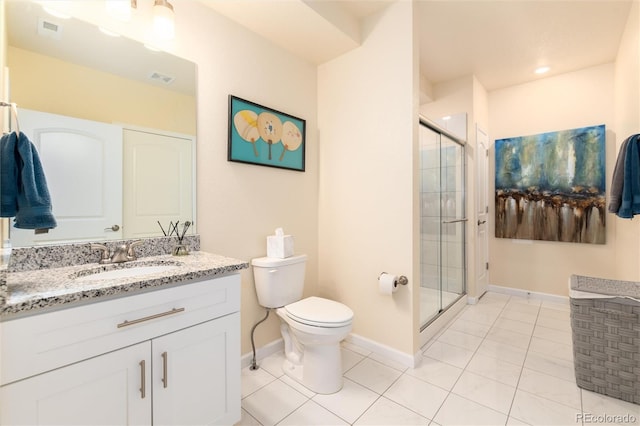 bathroom with tile patterned flooring, toilet, vanity, and a shower with shower door