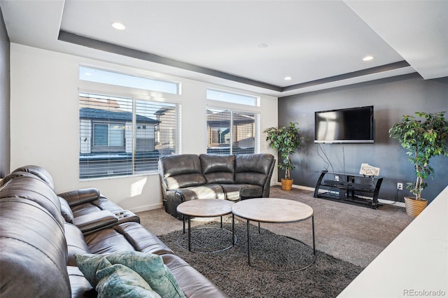 carpeted living room featuring a raised ceiling