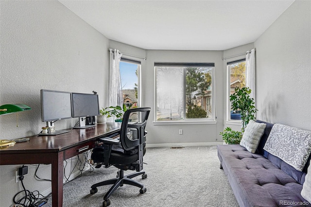 office with carpet floors, baseboards, and a textured wall