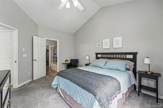 carpeted bedroom with vaulted ceiling, baseboards, and ceiling fan