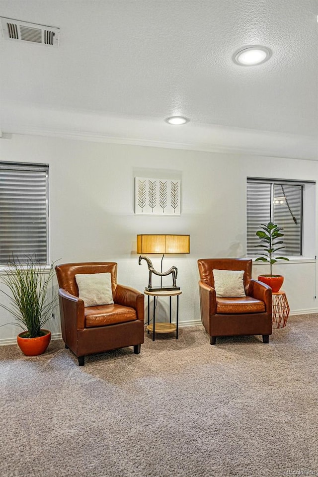 living area featuring carpet floors, baseboards, ornamental molding, recessed lighting, and a textured ceiling