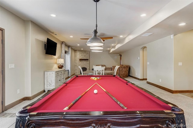 game room featuring ceiling fan, billiards, and light colored carpet