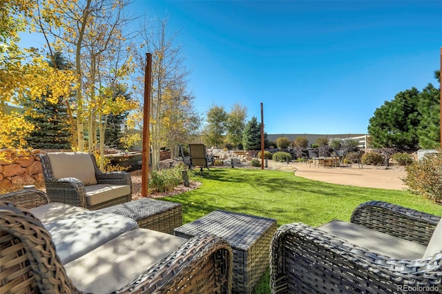 view of yard featuring a patio area and an outdoor living space