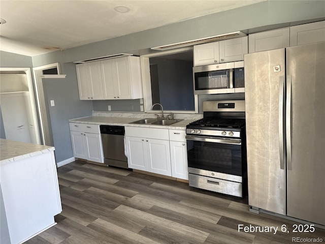 kitchen with sink, stainless steel appliances, dark hardwood / wood-style floors, and white cabinets