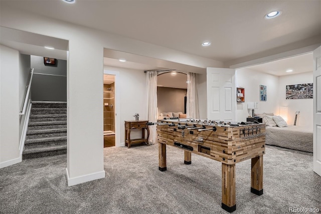 game room with carpet floors, recessed lighting, and baseboards