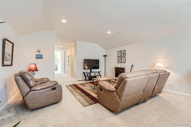 living room featuring light carpet, recessed lighting, baseboards, and lofted ceiling