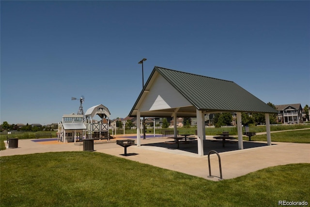 view of community featuring a gazebo and a lawn