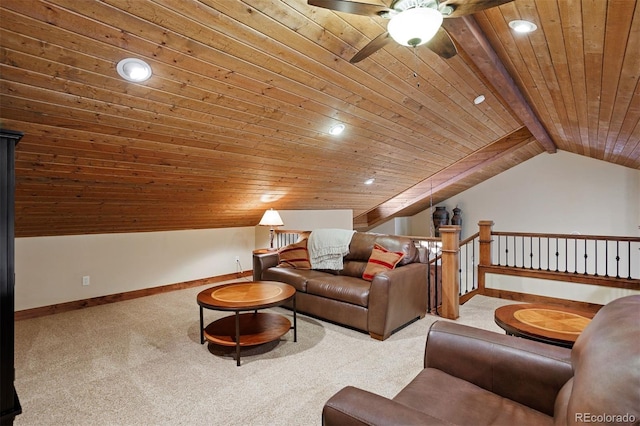 living room with ceiling fan, vaulted ceiling with beams, light carpet, and wood ceiling