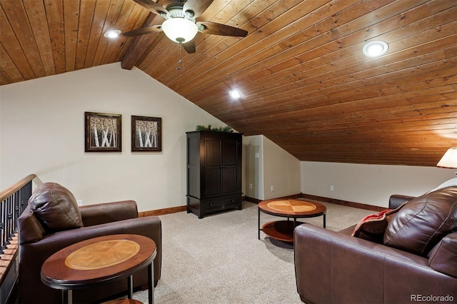 living room with vaulted ceiling with beams, light carpet, wooden ceiling, and ceiling fan