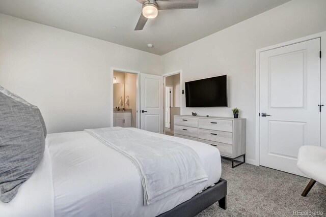 2220 E Ln Salle St Unit 108, Colorado Springs, CO 80909 - bedroom featuring a ceiling fan, light colored carpet, and connected bathroom