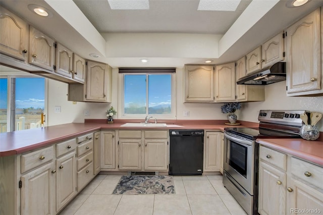 kitchen with electric stove, dishwasher, a peninsula, under cabinet range hood, and a sink