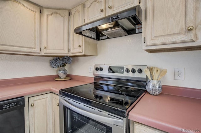 kitchen with light countertops, light brown cabinetry, stainless steel range with electric cooktop, dishwasher, and under cabinet range hood