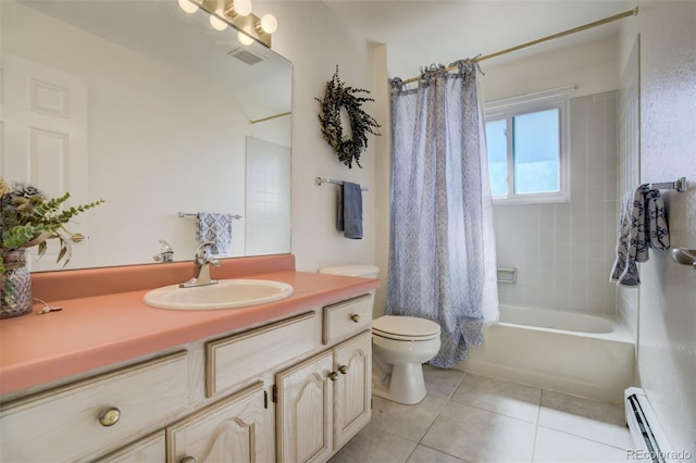 full bath featuring a baseboard radiator, visible vents, toilet, vanity, and tile patterned flooring