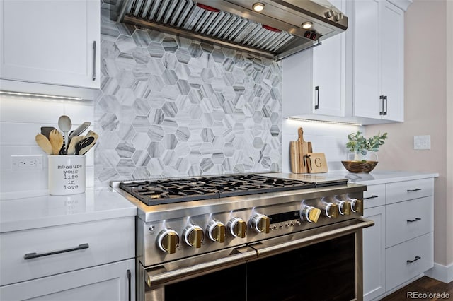 2144 Bellcove Dr, Castle Pines, CO 80108 - kitchen featuring double oven range, custom range hood, light countertops, and backsplash