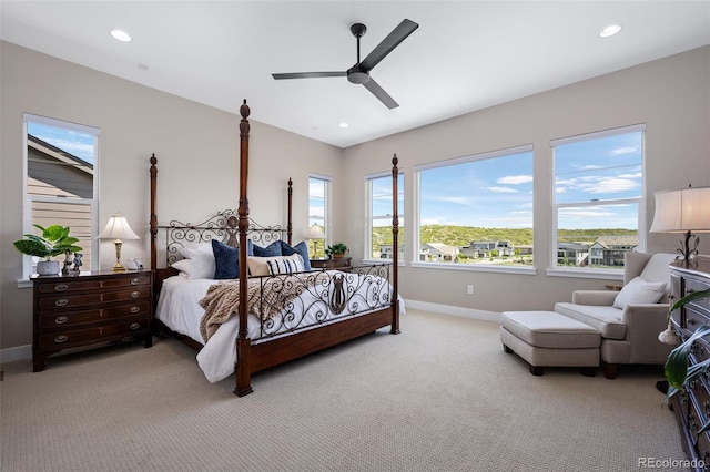 2144 Bellcove Dr, Castle Pines, CO 80108 - bedroom featuring light carpet, baseboards, recessed lighting, and a ceiling fan