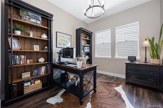 2144 Bellcove Dr, Castle Pines, CO 80108 - office space with a chandelier, baseboards, and dark wood finished floors