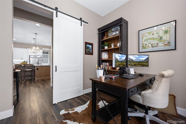 2144 Bellcove Dr, Castle Pines, CO 80108 - office space with a barn door, dark wood-style flooring, baseboards, a chandelier, and recessed lighting