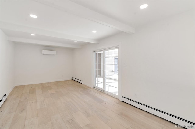 unfurnished room with a wall mounted air conditioner, light wood-type flooring, beamed ceiling, and a baseboard heating unit