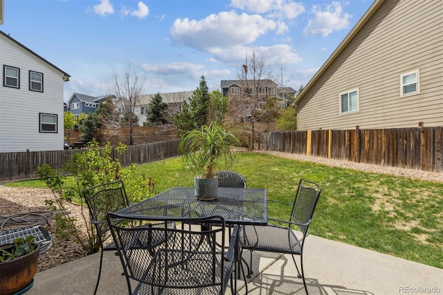 view of patio / terrace featuring a fenced backyard, outdoor dining area, and a residential view