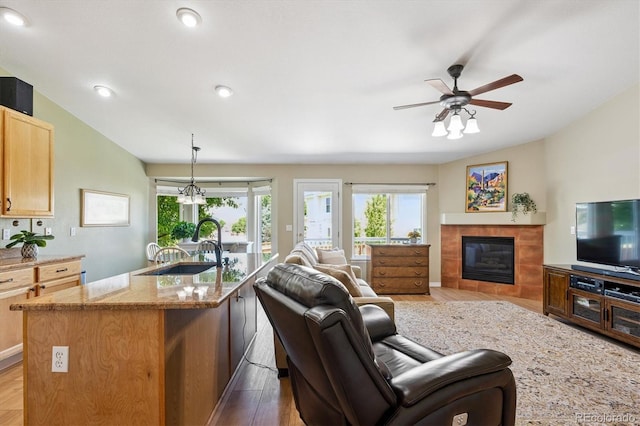 2169 Fox Fire St, Highlands Ranch, CO 80129 - living area featuring wood finished floors, a fireplace, ceiling fan, lofted ceiling, and recessed lighting