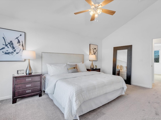 bedroom featuring ceiling fan, light colored carpet, and high vaulted ceiling