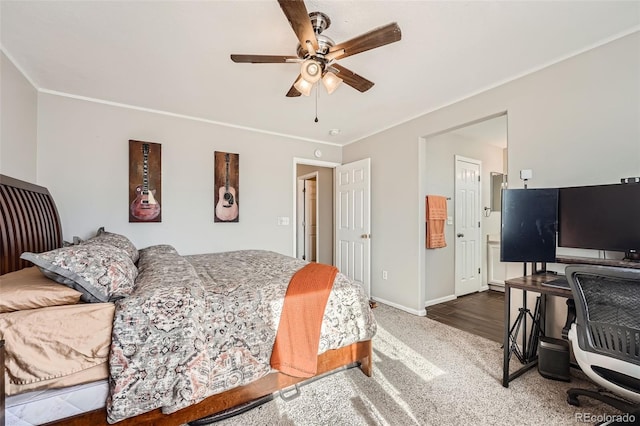 bedroom featuring hardwood / wood-style floors, ceiling fan, and ornamental molding