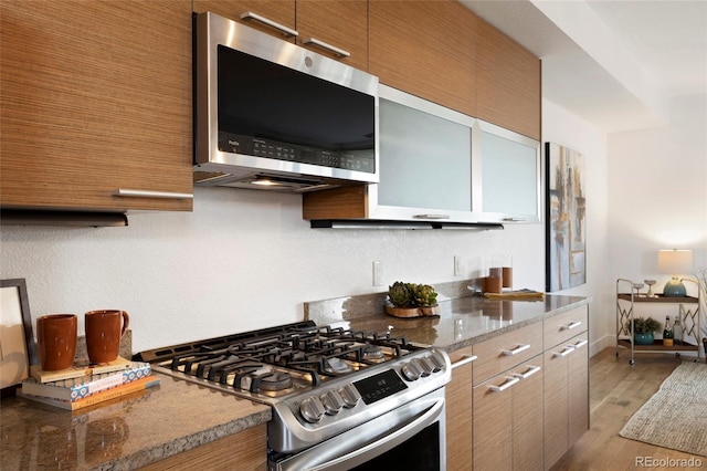 kitchen with appliances with stainless steel finishes, light hardwood / wood-style floors, and dark stone countertops