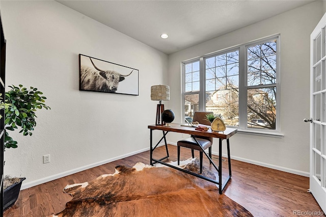 office area with recessed lighting, baseboards, and wood finished floors