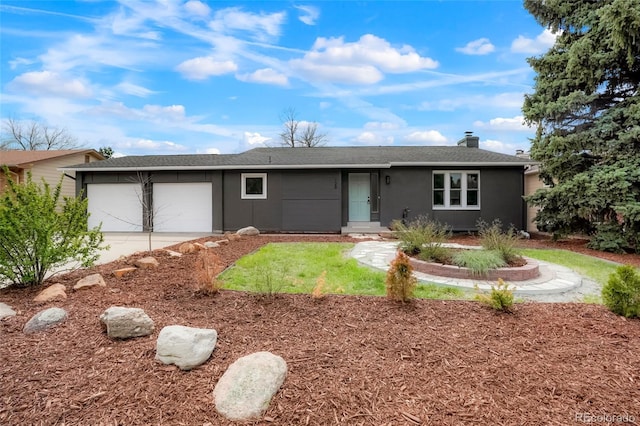129 Gordon Pl, Castle Rock, CO 80104 - ranch-style home with a garage, roof with shingles, stucco siding, a chimney, and driveway