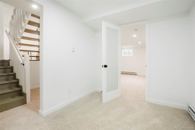 129 Gordon Pl, Castle Rock, CO 80104 - interior space with recessed lighting, light carpet, baseboard heating, and stairway
