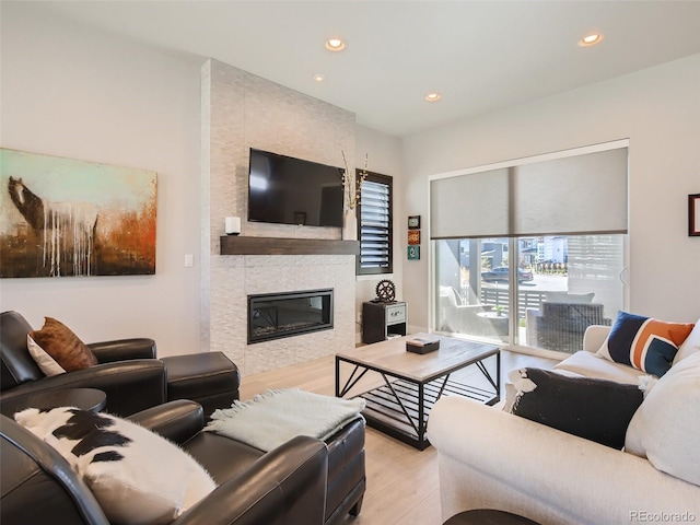 living room featuring a large fireplace and light wood-type flooring