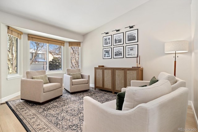 living area featuring lofted ceiling and hardwood / wood-style floors