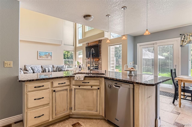9743 Chanteclair Cir, Highlands Ranch, CO 80126 - kitchen with stainless steel dishwasher, a sink, open floor plan, stone tile flooring, and a textured ceiling