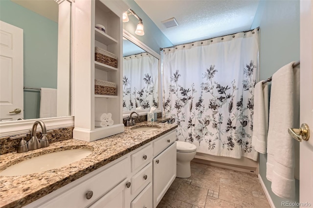 9743 Chanteclair Cir, Highlands Ranch, CO 80126 - bathroom with double vanity, toilet, and stone finish floors