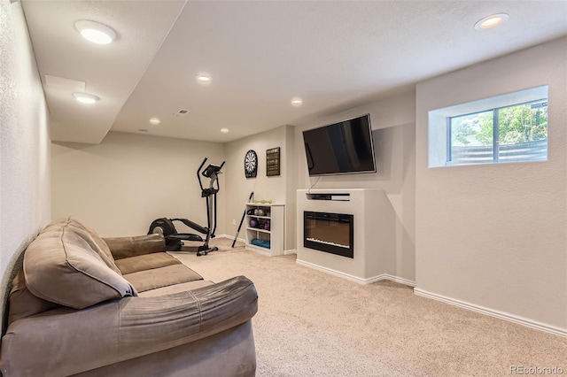 9743 Chanteclair Cir, Highlands Ranch, CO 80126 - carpeted living room with baseboards, a glass covered fireplace, and recessed lighting
