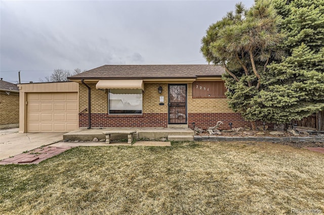 7251 Larsh Dr, Denver, CO 80221 - view of front facade featuring brick siding, a garage, concrete driveway, and a front yard