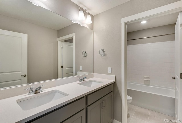 full bathroom featuring vanity, shower / bathing tub combination, tile patterned floors, and toilet