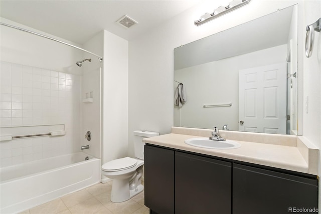 full bath with shower / bathtub combination, visible vents, toilet, vanity, and tile patterned flooring