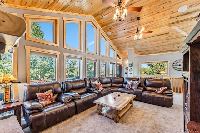 carpeted living room with high vaulted ceiling, ceiling fan, and wooden ceiling