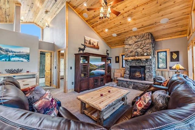 living room featuring a fireplace, light carpet, wood ceiling, high vaulted ceiling, and ceiling fan