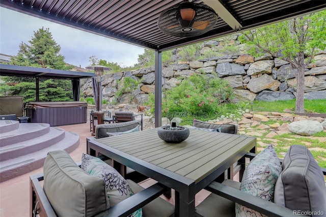 5830 Jasper Pointe Cir, Castle Pines, CO 80108 - view of patio / terrace featuring a hot tub, ceiling fan, and an outdoor living space