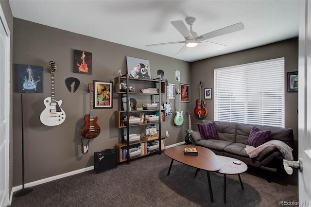 5830 Jasper Pointe Cir, Castle Pines, CO 80108 - living area with ceiling fan, carpet floors, and baseboards