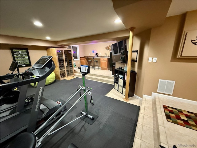 5830 Jasper Pointe Cir, Castle Pines, CO 80108 - workout room featuring recessed lighting, tile patterned flooring, bar area, and baseboards
