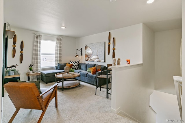 living room with light colored carpet