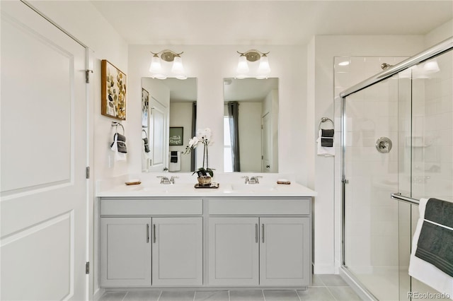 bathroom featuring vanity, tile patterned flooring, and a shower with door