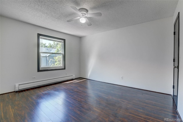 empty room with a baseboard radiator, a textured ceiling, a ceiling fan, and wood finished floors