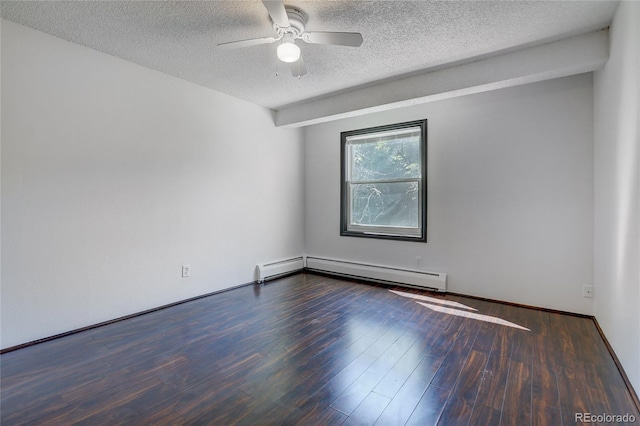 spare room featuring a textured ceiling, a ceiling fan, baseboard heating, and wood finished floors